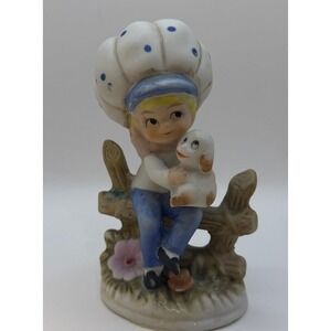 Vintage Porcelain Girl with Dog Figurine Sitting on Fence Blue Hat Country Sweet